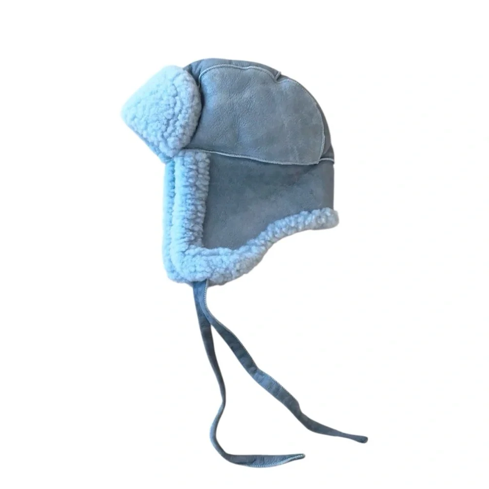Overland Children’s Unisex Sheepskin Fur Dyed Blue Leather‎ Aviator Hat